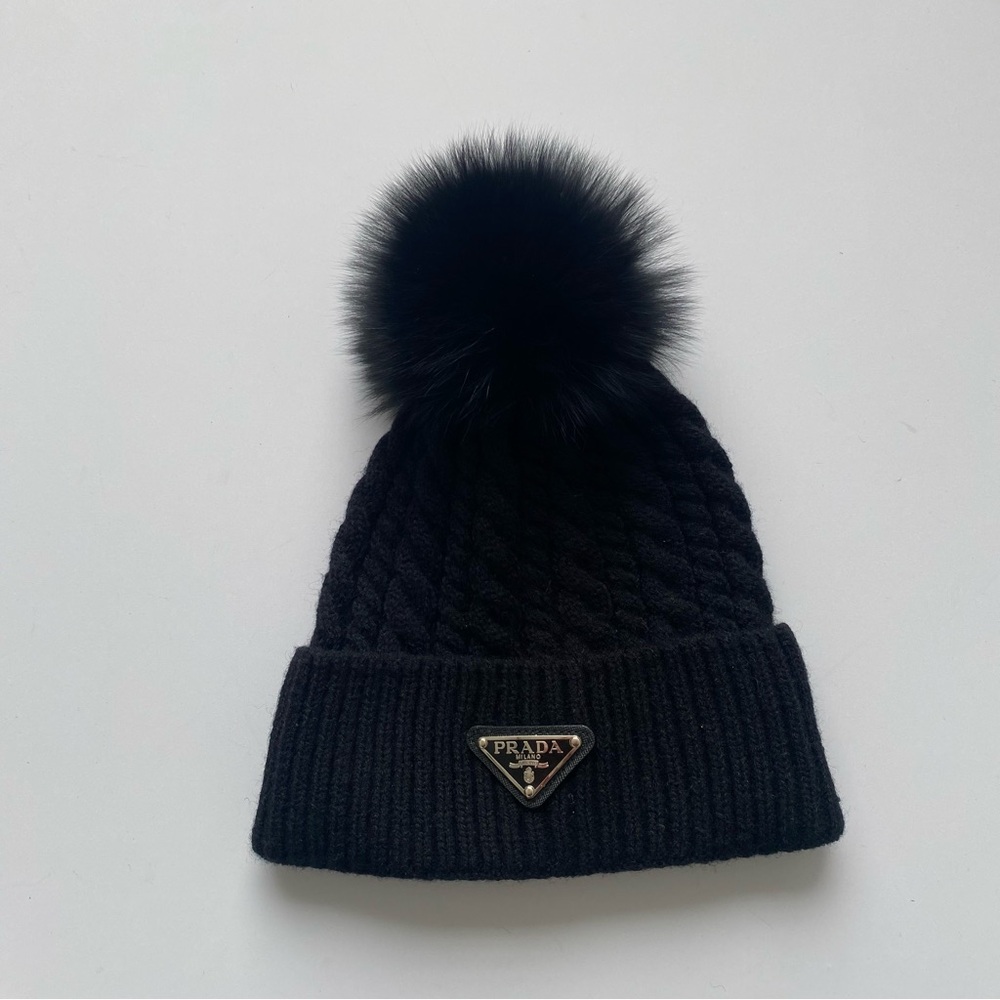 Prada Black Knit Beanie with Pom Pom
